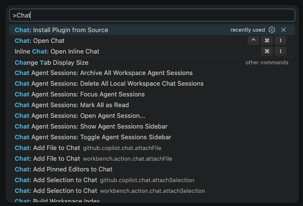 VS Code Command Palette showing Chat: Install Plugin from Source