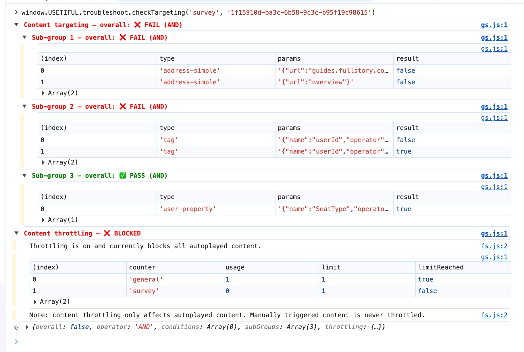Console output of window.USETIFUL.troubleshoot.checkTargeting for a survey blocked by targeting and by content throttling